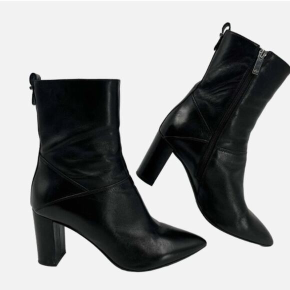 Aquatalia Black Leather Pointed Toe Block Heel Boots Size 10 - Picture 1 of 9